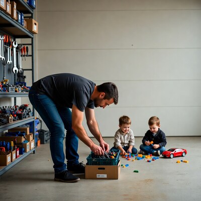 Father building Lego with toddler boys in garage