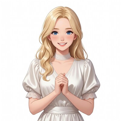 Blonde anime girl praying in white dress