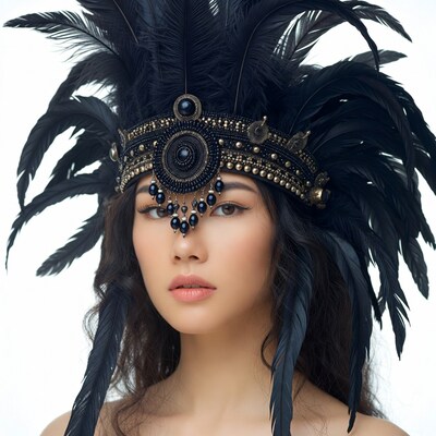 Asian woman in black feather headdress