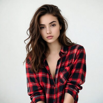 Woman in red plaid shirt