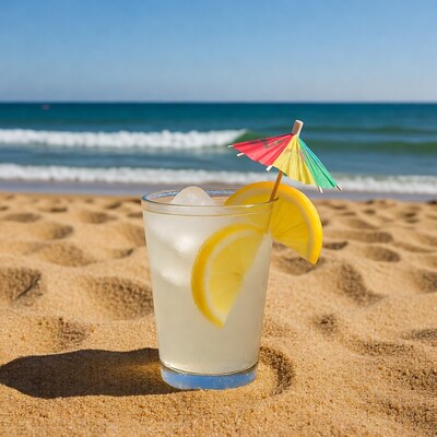 Lemonade with umbrella on beach