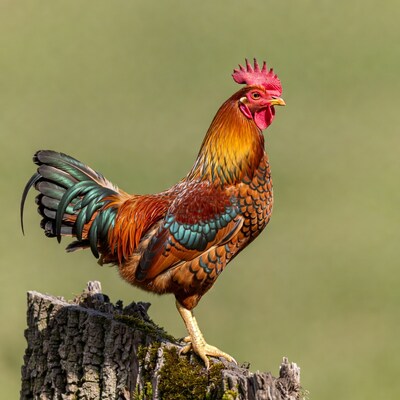 Colorful Rooster Standing on Mossy Stump