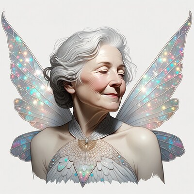 Elderly woman with fairy wings