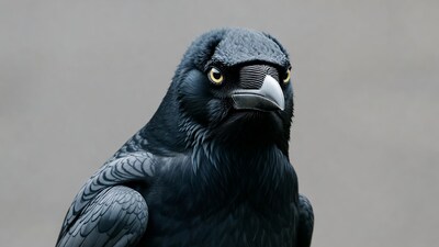 Close-up black raven with yellow eyes