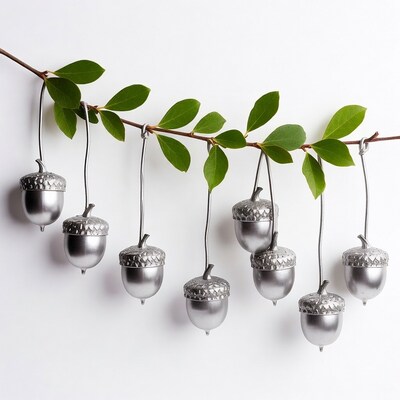 Silver acorns hanging from green branch