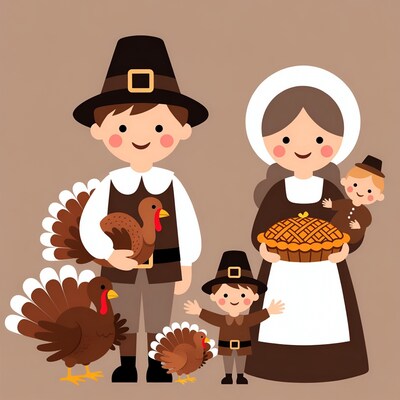 Pilgrim Family with Turkeys and Pie