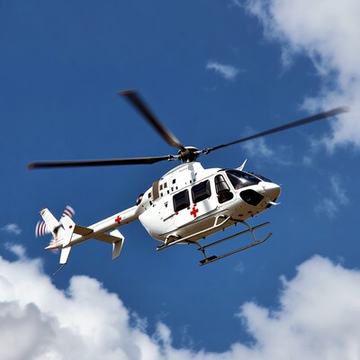 White medical helicopter flying in sky