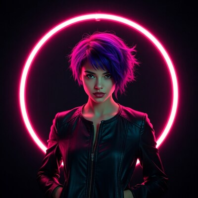 Woman with purple hair in neon circle