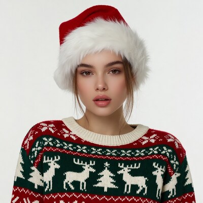 Woman in Santa hat and reindeer sweater