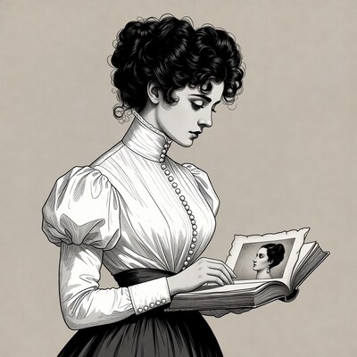 Victorian woman viewing photo in book