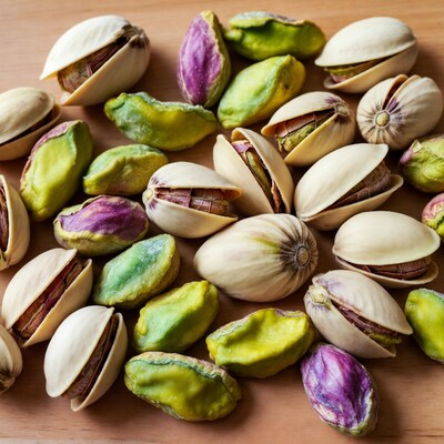 Pistachios on wooden surface