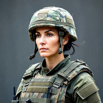 Woman soldier in camouflage helmet