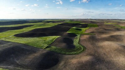 Aerial view of patchwork farmland fields