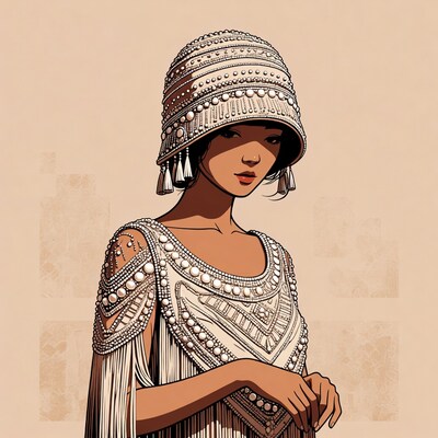 Asian woman in beaded flapper dress
