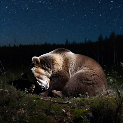 Sleeping Grizzly Bear Under Starry Sky