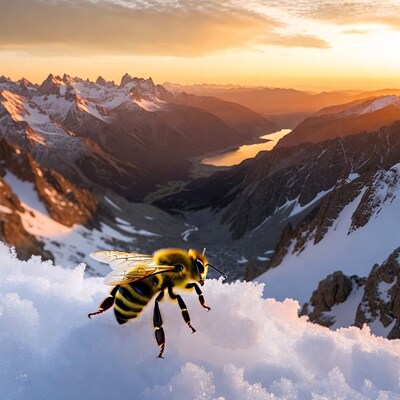 Bee on snow with mountain sunset