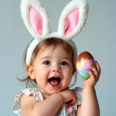 Baby girl with bunny ears holding Easter egg