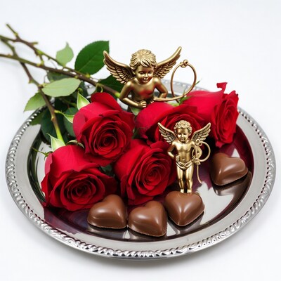 Golden Cherubs with Red Roses and Chocolates