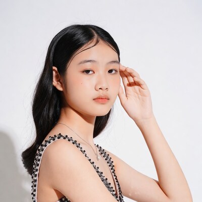 Asian girl touching face with beaded dress