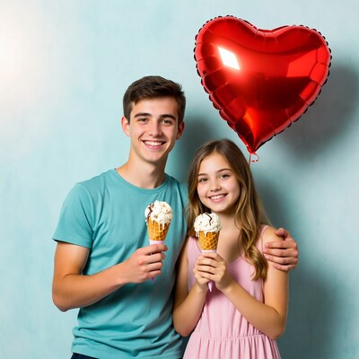 Teen boy and girl holding ice cream cones with heart balloon