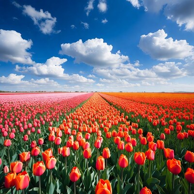 Colorful Tulip Fields under Blue Sky