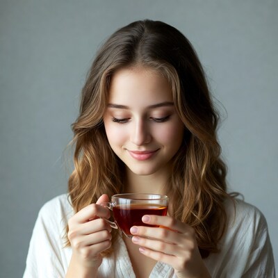 Woman drinking tea from glass cup