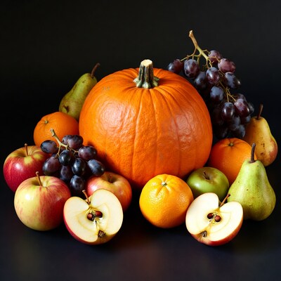 Pumpkin with apples oranges grapes pears
