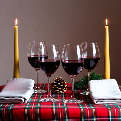 Four red wine glasses with candles
