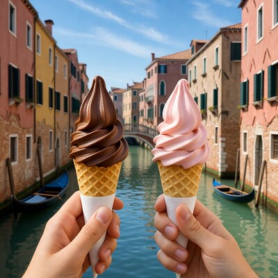 Hands holding chocolate and pink soft serve in Venice