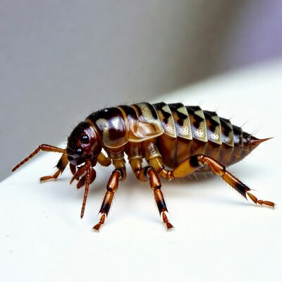 Striped brown beetle on white surface