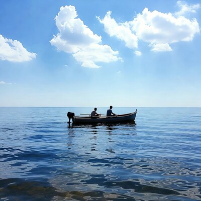 Two men rowing boat on sea