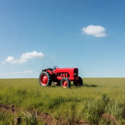 Red tractor in green field
