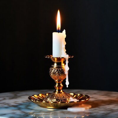 Burning Candle in Gold Candlestick
