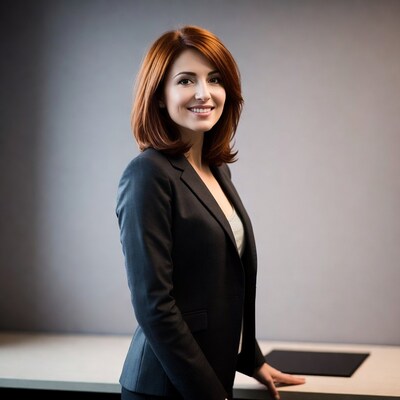 Smiling redhead woman in black suit