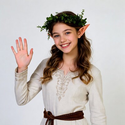 Girl waving in elf costume