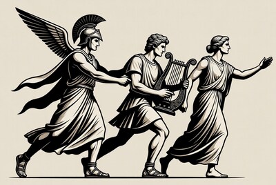 Winged warrior leading Orpheus and muse