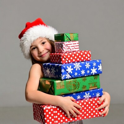 Girl holding stack of Christmas gifts