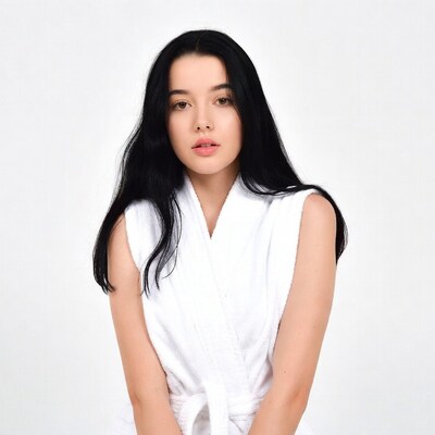 Young woman in white bathrobe