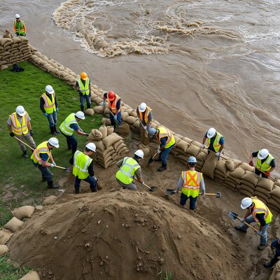 Workers building sandbag flood barrier