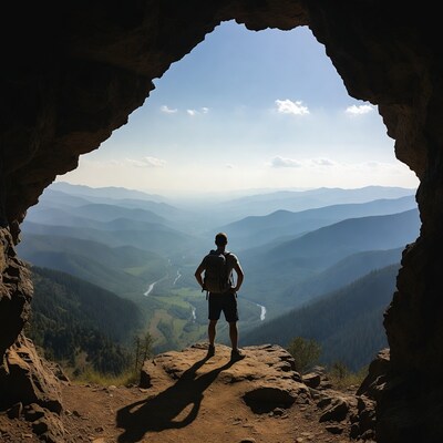 Man viewing mountains from cave entrance