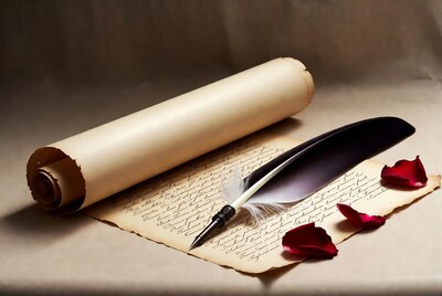 Vintage Quill Pen on Parchment Scroll