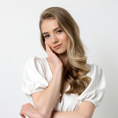Blonde woman touching cheek in white blouse