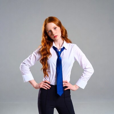 Redhead woman in white shirt blue tie