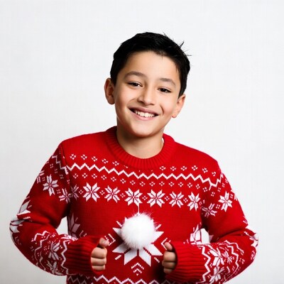 Asian boy in red Christmas sweater