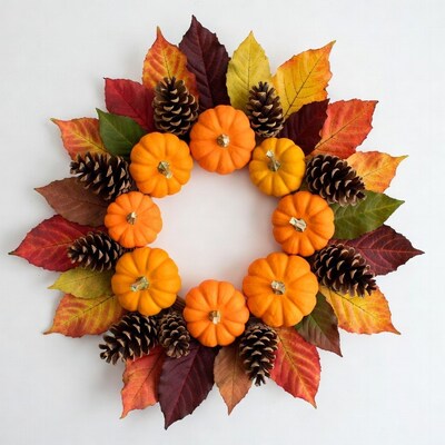 Fall Pumpkin Wreath with Leaves and Pinecones