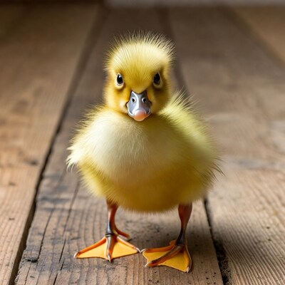 Cute yellow duckling on wooden floor