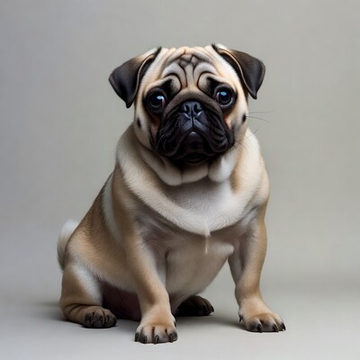Cute Pug Sitting on Gray Background