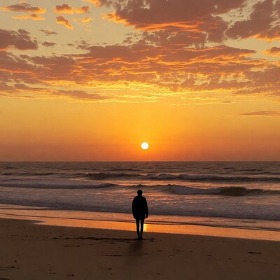 Silhouette man watching sunset beach