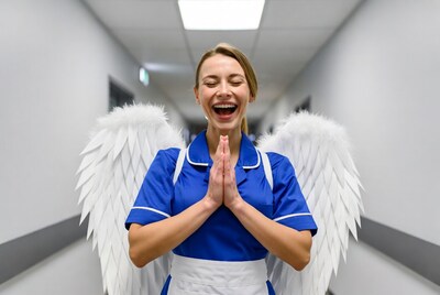 Blonde nurse with angel wings praying