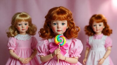 Redhead Doll Girl Holding Lollipop with Blonde Friends